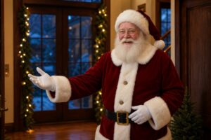 Professional Santa arriving for San Jose California holiday home visit