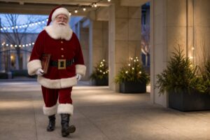 Professional Santa entertainer at San Jose California twilight holiday event